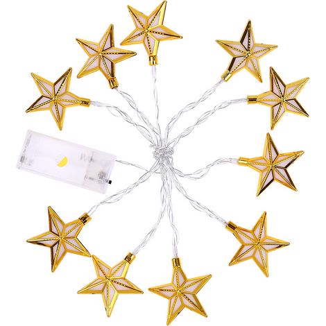 Lumière blanc chaud, étoile dorée à cinq branches, 1,2 m, 10 LED, fonctionne sur piles (piles AA non incluses). Guirlande lumineuse décorative pour la maison en forme d'étoile à cinq branches. (1/2)
