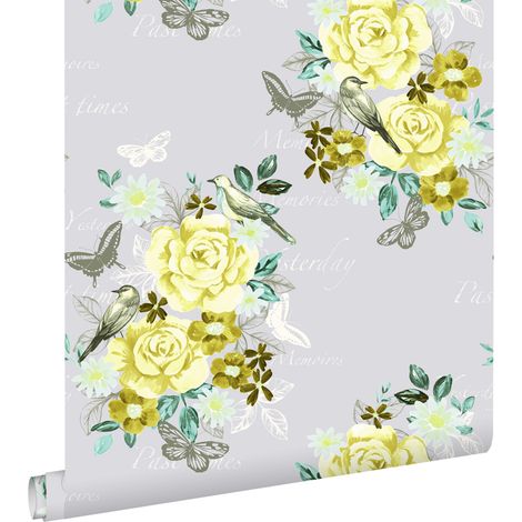papier peint fleurs et oiseaux jaune  - ESTAhome