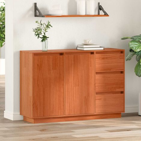 Buffet 3 tiroirs et 2 portes en pin massif, chêne brun, 111 x 34 x 75 cm - PANGIVO (1/5)