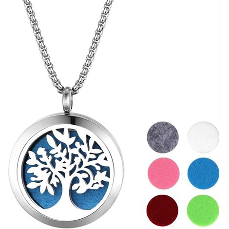 Collier Diffuseur d'huiles Essentielles Arbre de Vie Aimant Rond Ouvert en Acier Inoxydable avec Coussins Lavable (1/5)