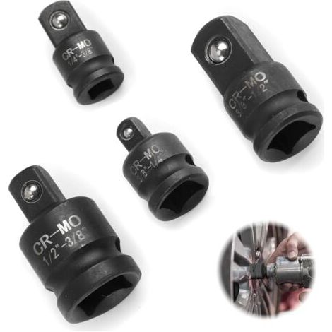4-piece socket wrench adapter set, 3/8" to 1/4", 1/4" to 3/8", 1/2" to 3/8", 3/8" to 1/2", chrome-molybdenum steel (CR-MO), square reducer, socket wrench insert, ratchet adapter (3/8", 1/4", 1/2"), 4-