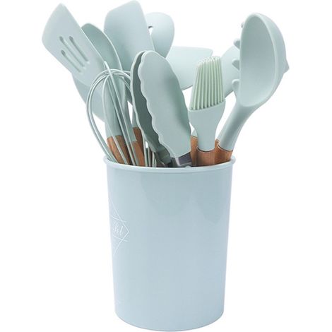 Lot de 11 ustensiles de cuisine en silicone vert clair avec manche en bois : cuillère, spatule, pinceau, racloir, pince - Boîte ronde