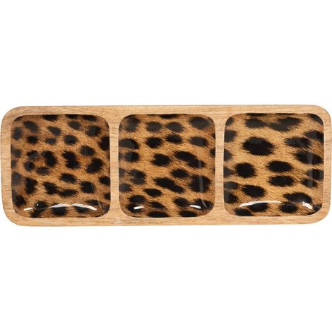 Table Passion - Plat apéritif avec 3 compartiments Léopard en manguier 38x14 cm (1/4)