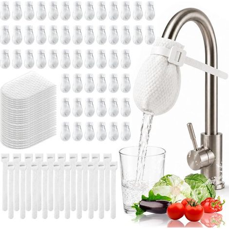100 sacs filtrants en coton pour robinet - Sacs filtrants anti-éclaboussures avec 20 sangles - Sacs de filtration d'eau (1/5)