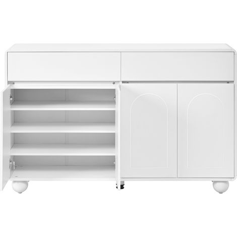 Credenza bianca con 2 cassetti e 4 ante, PB e MDF, gambe metalliche rotonde (1/5)