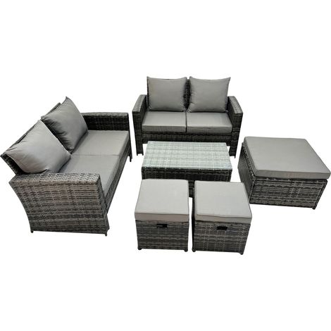 Fimous PE Rattan Garden Furniture Set Lounge Double Seat Sofa Coffee Table Set with 3 Stools Dark Grey MixedMixed (1/5)