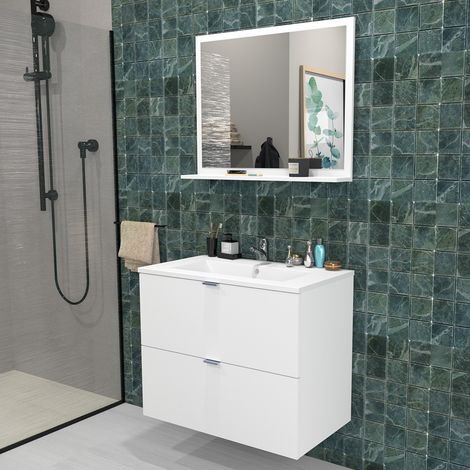 Waschbeckenunterschrank mit 2 Schubladen MALAGA 80 cm + Waschbecken + Spiegel / Weiss/ (1/5)