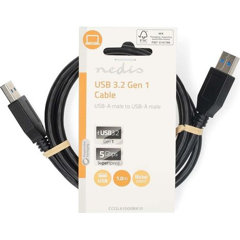 Nedis USB-Kabel / USB 3.2 Gen 1 / USB-A Stecker / USB-A Stecker / 18 W / 5 Gbps / Vernickelt / 1.00 m / Rund / PVC / Schwarz / Label