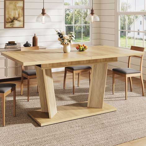 Table à manger extensible, effet bois massif, piètement stable avec pieds antidérapants réglables, gain de place pour cuisine, brun naturel (1/5)