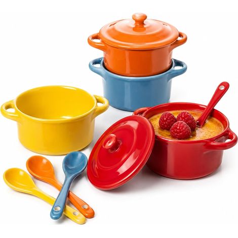 4 Mini Cocotte Individuelle, 175ml Ramequins en Porcelaine  10x5cm Cassolette Individuelle Four avec Couvercle, Poignées, Cuillère pour Soufflé, Crème Brûlée (Rouge, Bleu, Jaune,Orange) (1/5)