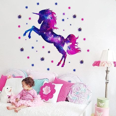 Autocollants 3D Licorne Stickers Muraux pour Filles et Garçons Chambre Décor - 3D Stickers Muraux, Galaxy Wallpaper Stick Room Decal Décoration pour Enfants (1/5)