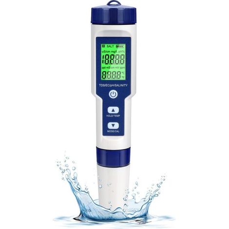 Elektronisches pH-Messgerät, 5-in-1-Poolwasser-Testgerät mit Hintergrundbeleuchtung, pH/TDS/EC/Salzgehalt/Temperatur mit ATC, hochpräzises pH-Meter mit 0,01 Auflösung, für Trinkwasser, Aquarien und Wh (1/5)