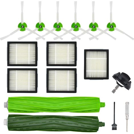 Kit accessoires de rechange pour iRobot Roomba Séries i/e i7 i7+ i6 i6+ i3 i3+ i8 i8+ i4 i4+ i5 i5+ i2 i2+ i1 i1+ e5 e6 u2013 1 brosse en caoutchouc, 5 filtres HEPA, 6 brosses latérales, 1 roulette av (1/5)