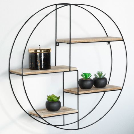 Scaffale rotondo a parete LILY 4 livelli in legno e metallo design industriale