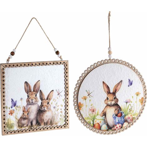 Petits tableaux de Pâques en bois imprimé lapins à suspendre, lot de 6, rond : diam. 22 cm