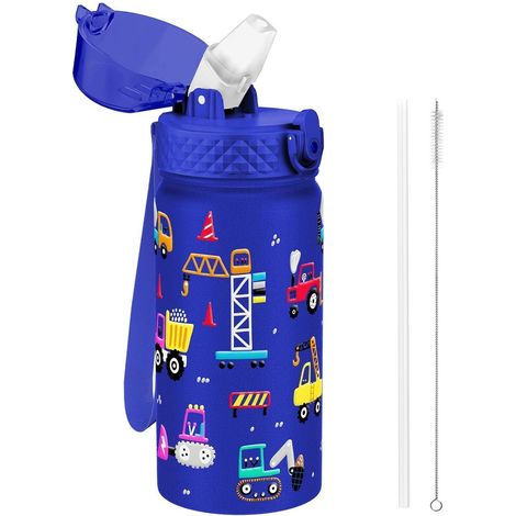 Kinder Trinkflasche 420ml Edelstahl mit Strohhalm, BPA-frei, auslaufsicher, blaues Baufahrzeug-Design (1/5)