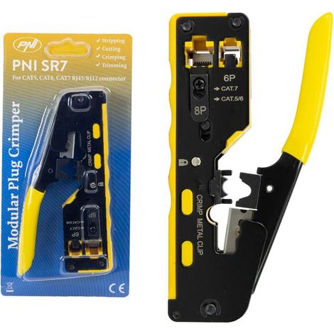 Pince à sertir - PNI SR7 - Coupe, dénudage, sertissage - RJ12, RJ45 - CAT5 à CAT7 - Jaune