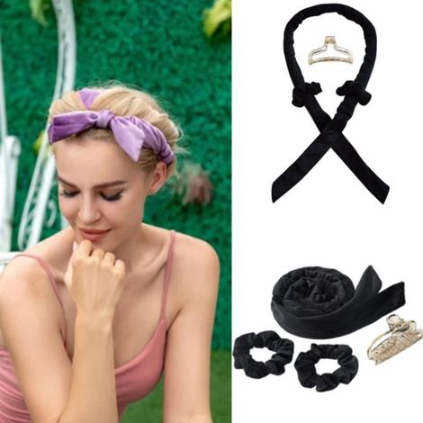 Kit de 4 pièces pour boucles sans chaleur - Boucles sans chaleur - Bigoudis - Fer à boucler - Avec élastiques et pinces - Flanelle - Noir (1/5)