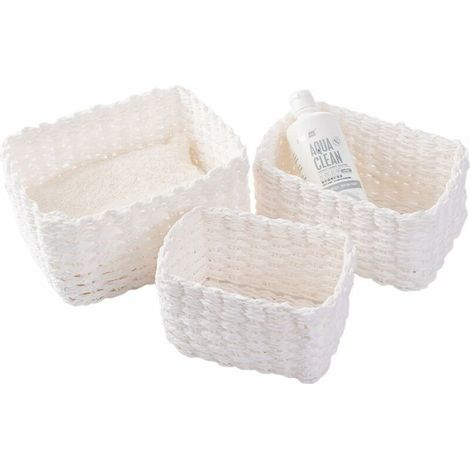 BRAVIX Set mit 3 geflochtenen Aufbewahrungskörben für Make-up-Accessoires, Badezimmer, Wickeltisch, kleine Aufbewahrungsfächer (weiß) (1/5)