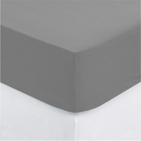 Drap housse percale de coton uni 180 x 200 cm Harmonie gris (1/2)