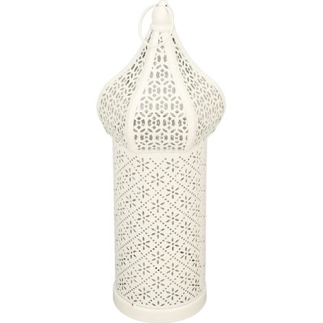 Lanterne décorative suspendue, blanche, ajourée, à LED, structure métallique, alimentée par piles, idéale pour le salon. (1/5)