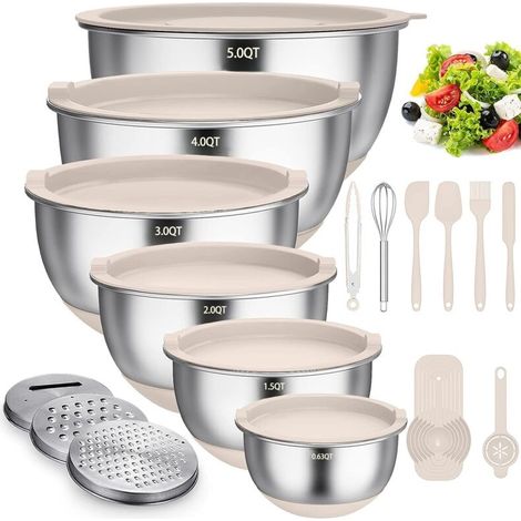 Set di 6 ciotole per insalata in acciaio inox con coperchi e basi in silicone, 3 accessori per grattugiare, 4,7 L/3,8 L/2,8 L/1,9 L/1,4 L/0,6 L, antiscivolo e impilabili, color kaki (1/4)