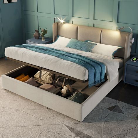 Cama de almacenamiento para adultos de 180x200 cm con sistema hidráulico, luz de lectura LED y 2 puertos USB, somier de láminas, tapizada en lino beige. (1/5)