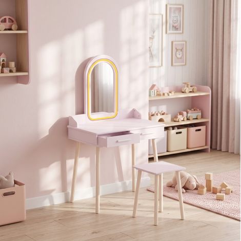 Tocador infantil 60 cm 2-en-1 con taburete, espejo LED 3 colores y 2 cajones, MDF rosa (1/5)