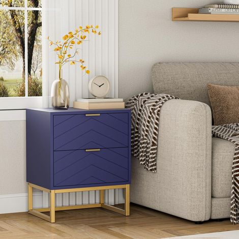 UEV Set di 2 Comodino Camera da Letto con Motivo a V, Mobile Camera da Letto con Miniglie e Piedini in Metallo, Comodino Moderno e Stabile, 46 x 33,5 x 56,5 cm, Navy Blu