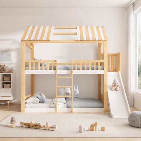 Letto a castello per bambini 90 x 200 cm con tetto, scivolo 35 cm, mensola, bianco naturale (1/5)