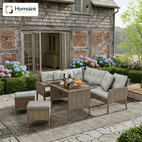 HOMAIRE Gartenlounge Poly Rattan für 7 Personen avec Sofa, Table, Tabourets et Coussin Khaki