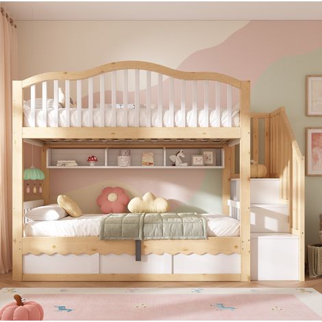 Lit superposé enfant 90x200 avec rangement hydraulique, échelle et étagère, blanc chêne (1/5)