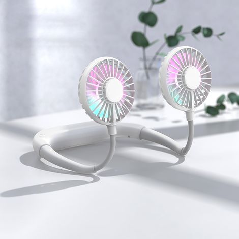 Ventilateur de cou portable rechargeable par USB avec LED, design élégant et double flux d'air, idéal pour les voyages, les activités de plein air et le bureau. (1/5)