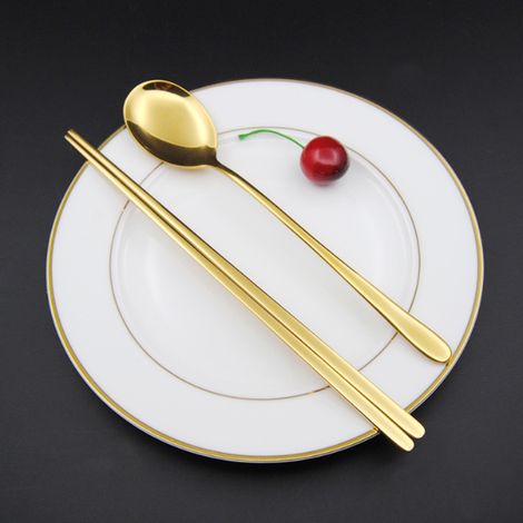 Ensemble Cuillère et Baguettes en Acier Inoxydable 304 Style Coréen Cadeau de Noël (Doré) (1/5)