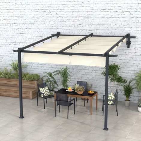 Gartenpavillon 3 x 3m, einziehbares Dach, Wandmontage, Metallrahmen, Cremeweiß