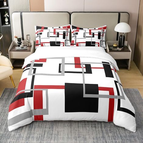 Square Cotton Duvet Cover 220x240 White Black Red Grey Stripe Geometric Plaid Bedding Set for Men Women Modern Creative Soft Bedding Sets (1/5)