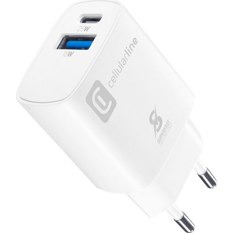 Cellularline USB Ladegerät 25 W USB-A, USB-C® USB PD Weiß Steckdose Schnellladegerät, USB Power Del (1/2)