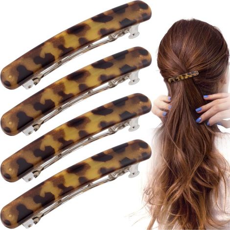 Juego de 4 horquillas francesas para mujer, 8,9 cm, efecto carey, curvas, brillantes, planas, para cabello fino, ovaladas con estampado de leopardo. (1/5)