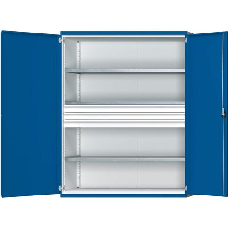Schwerlastschrank B1485 x T630 x H1950 mm RAL7035/5010 o. Mittelwand 3 Böden, 3 Schubladen 100 kg (1/5)