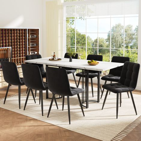 Conjunto de comedor extensible MDF y metal blanco/negro con 1 mesa 140-179,5x80 cm y 8 sillas de terciopelo (1/5)