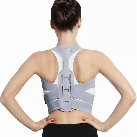 Correcteur de posture réglable invisible respirant doux gris, ceinture dorsale de maintien pour hommes et femmes, taille unique, dos droit, confortable au quotidien. (1/5)