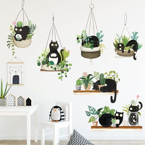 Piante verdi in vaso, adesivi murali di cactus, simpatici adesivi di gatti neri, adesivi murali fai da te, murales di piante tropicali, adesivi murali di fiori della natura, decorazione carta da parat