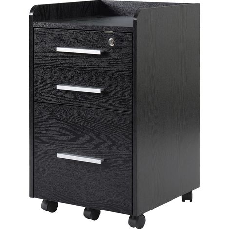 Caisson de bureau 3 tiroirs 1 verrouillable trieur dossiers sur roulettes bois noir