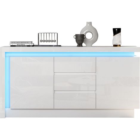 Buffet 140 × 35 × 72 cm pour chambre et salon – Meuble d’appoint avec 3 tiroirs, 2 portes et étagères réglables, buffet brillant avec éclairage LED, blanc (1/5)