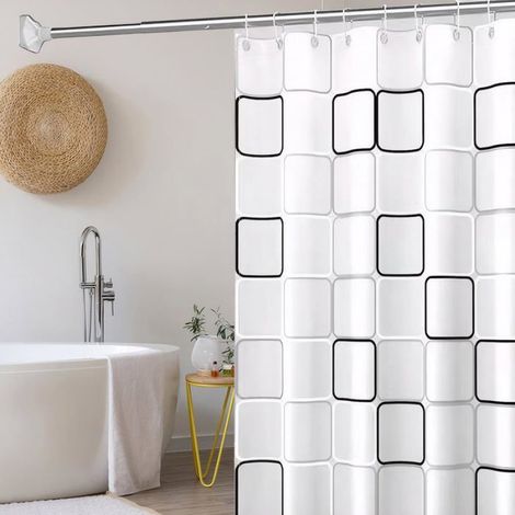 Rideau de Douche - 1, Tissu Imperméable Lavable Motif Carré Œillets Métal Crochets 180,3x180,3cm - Mixte Étiquette (1/5)