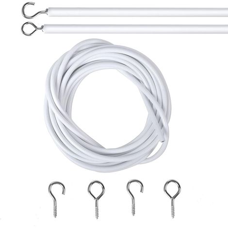2M Cable pour Rideaux, Blanc Fil de Rideau avec 2 Pièces Piton à Visser Boulons à Oeil et 2 Pièces Crochets à Visser, Câble de Rideau Enduite de Plastique, Cable Rideau Tringle Rideau Souple (1/5)