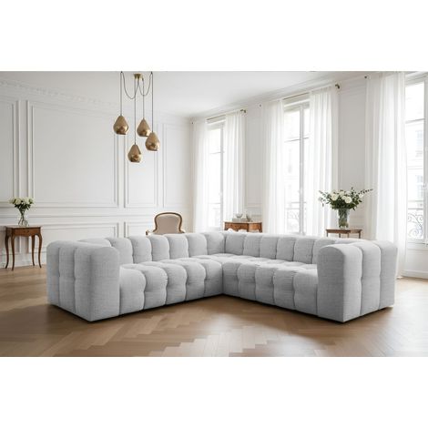 Ecksofa Designersofa SOLVIE XS in Stoff Moly Hellgrau Seite Universal