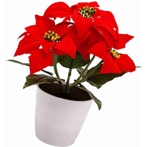 Plante en pot artificielle fleur de Noël Poinsettia simulée avec lumière LED décorative de table pour fête (1/3)