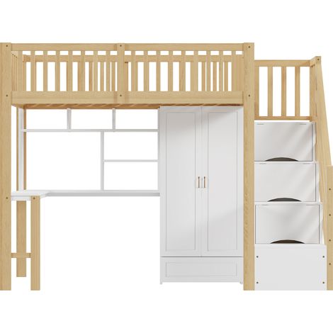 Cama alta 90 x 200 con armario, escritorio, estantería y escalera con almacenaje MODENUIT (1/5)