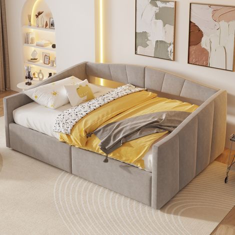 Lit coffre 140x200 velours à rayures, rangement hydraulique, sommier inclus,Gris clair (1/5)